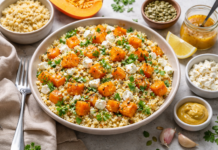 Кус-кус із запеченим гарбузом, фетою та медово-гірчичною заправкою