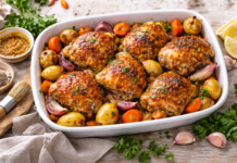 Запечені курячі стегна в медово-гірчичному соусі з овочами