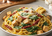 Паста з куркою, шпинатом та в’яленими томатами у вершковому соусі