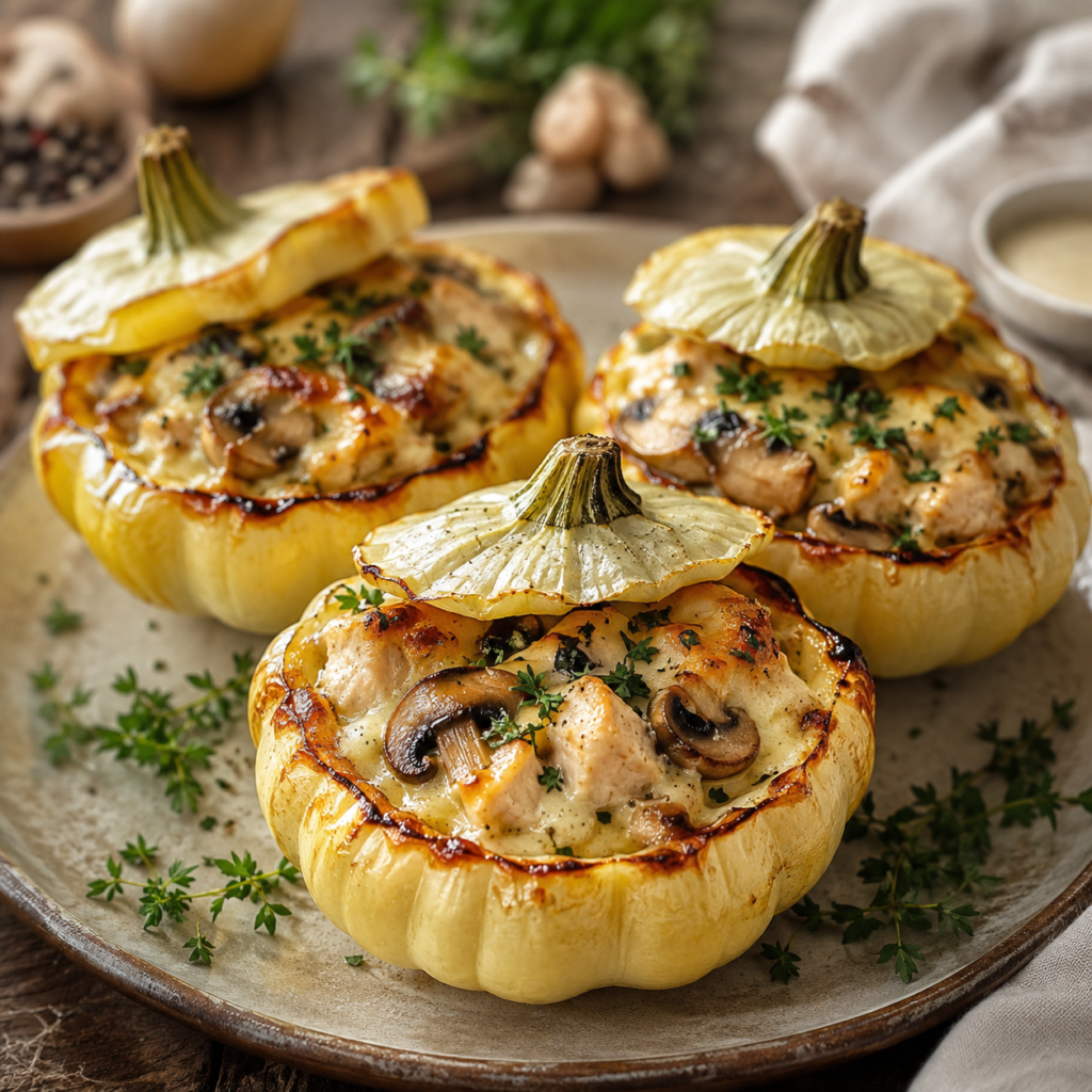Фаршировані патисони з куркою, печерицями та вершками