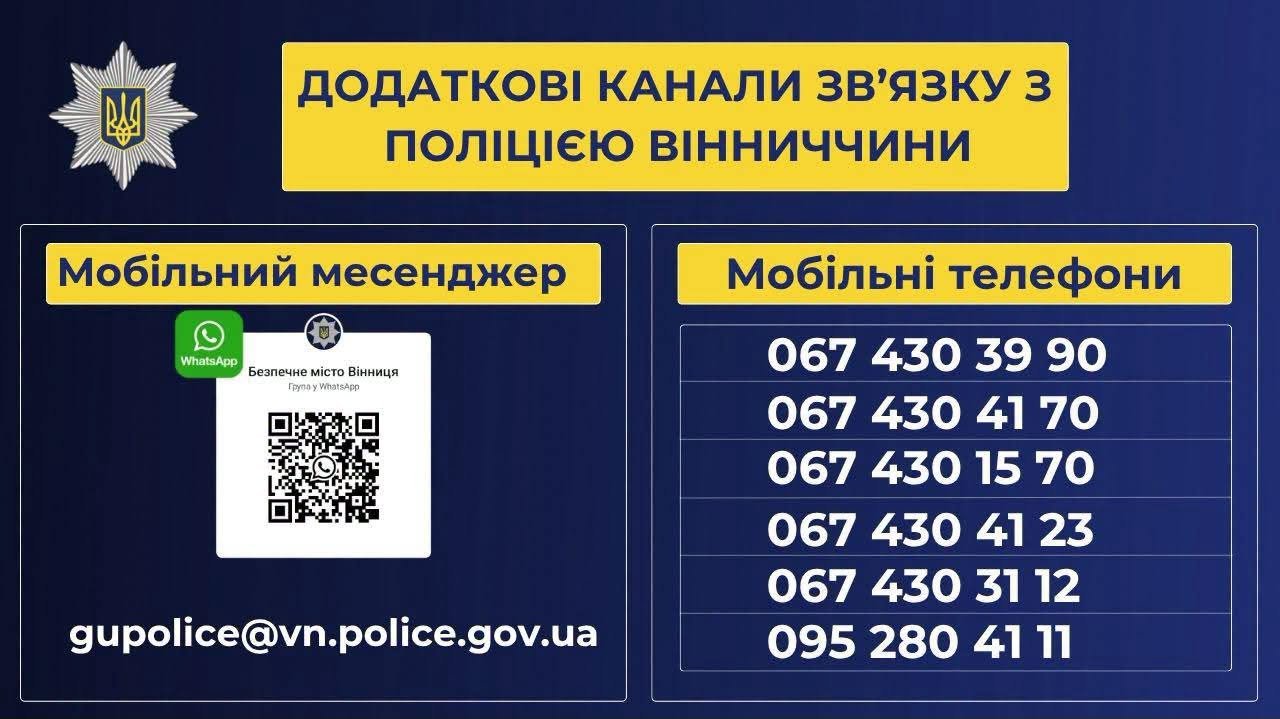 Поліція Вінниччини оприлюднила резервні номери телефонів та додаткові канали зв’язку